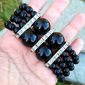 Vtg Art Deco Black Lucite Bead Rhinetone Bracelet